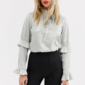 NWT ASOS Y.A.S. Silver Tie-Neck Blouse US 2/UK 6